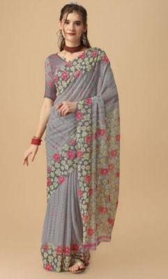 Gray Pure Handloom Georgette Saree From Banaras
