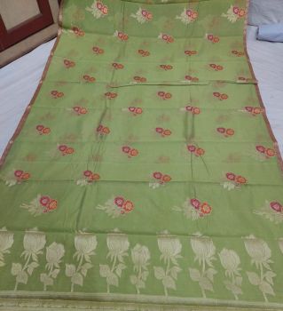 Grey Green Flower Design Mercerized Cotton Saree From Banaras