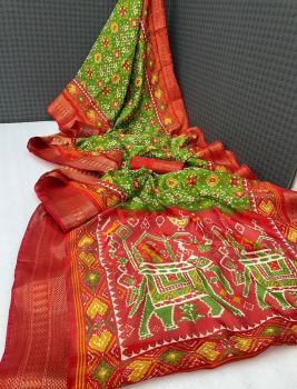 Persian Red And Olive Green Silk Cotton Slub Saree With Contrast Blouse