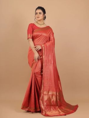 Persian Red Pure Handloom Kanjivaram Silk Cotton Saree From Banaras