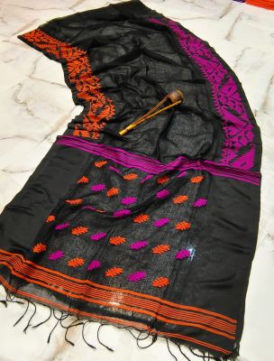Black Pure Handloom Linen By Linen Saree From Bengal