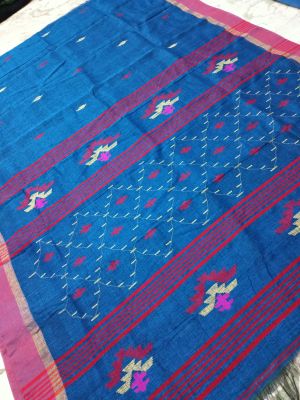 Royal Blue Pure Handloom Linen By Linen Saree From Bengal