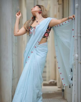 Sky Blue Pure Handloom Cotton Saree From Bengal