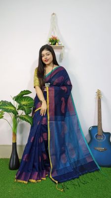 Navy Blue Pure Handloom Dhakai Jamdani Saree From Bengal