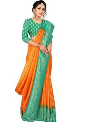 Orange Pure Handloom Art Silk Saree From Banaras