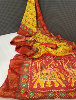 Yellow And Persian Red Silk Cotton Slub Saree With Contrast Blouse