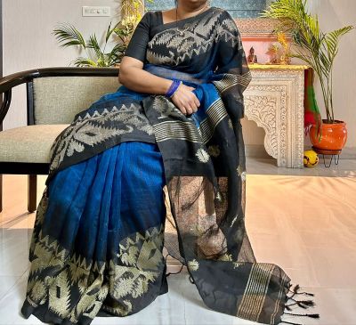 Blue Black Pure Handloom Linen By Linen Saree From Bengal