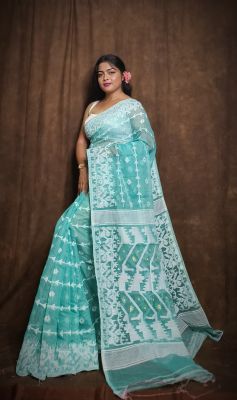 Sea Blue Pure Handloom Dhakai Jamdani Saree From Bengal