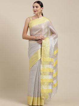 off-White & yellow Tissue Linen Saree