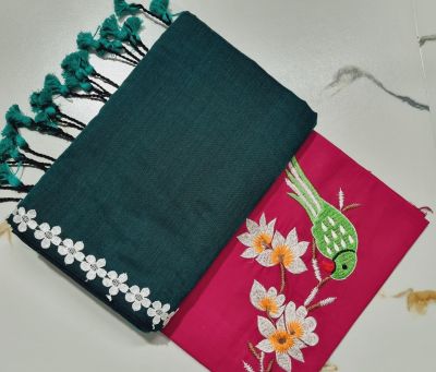 Teal Raspberry Pure Handloom Cotton Saree From Bengal