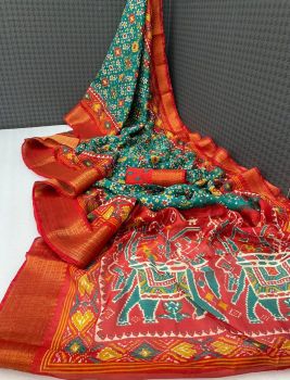 Teal Green And Persian Red Silk Cotton Slub Saree With Contrast Blouse
