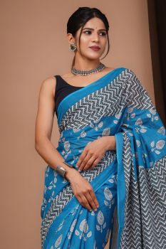 Light Blue Block Print Cotton mulmul saree