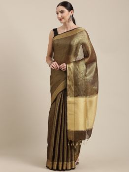 Black & Yellow Plain Tissue Linen Saree