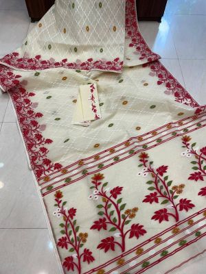 Cream White Pure Handloom Dhakai jamdani Saree From Beng