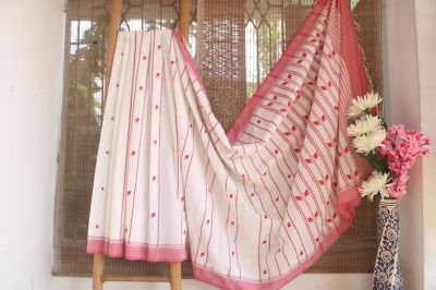 Off White Butta Pure Cotton Saree From Assam