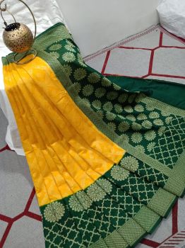 Dark Yellow Silk Flower Design Banarasi Saree