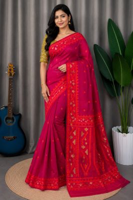 Red Pure Handloom Dhakai Jamdani Saree From Bengal