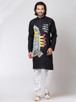 Black Pure Handloom Katha Stitch Kurta From Bengal