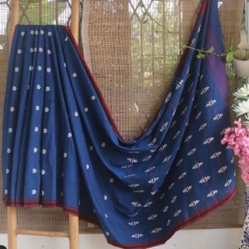 Navy Blue Butta Pure Cotton Saree From Assam
