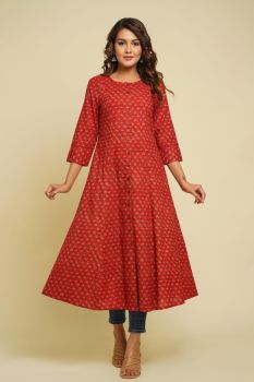 RED FLOWER PRINTED FLARED COTTON KURTI