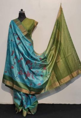 Pure Aqua Blue Handloom Kantha Silk Saree From Bengal