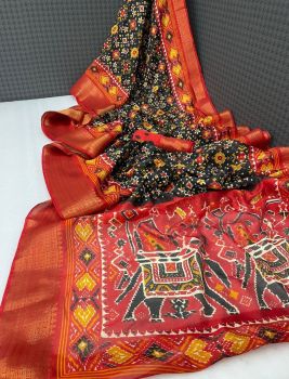 Black And Persian Red Silk Cotton Slub Saree With Contrast Blouse