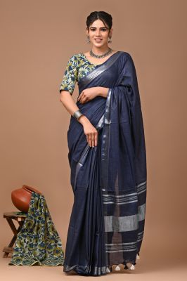 Navy Blue Pure Handloom Linen By Linen Saree From Bengal