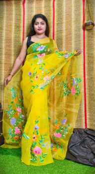 Bright Yellow Hand Printed Pure Handloom Organza Saree
