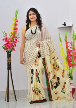 Beige Pure Handloom Khesh Cotton Saree From Bengal