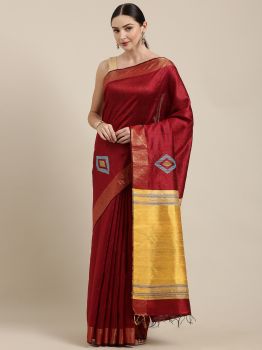 Marron & Yellow Dupion Raw Silk Saree