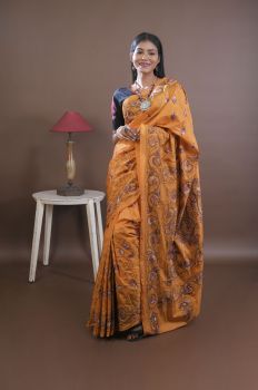 Rust Orange Pure Handloom Silk Katha Stitch Saree From Bengal