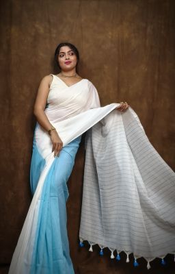 White Blue Pure Handloom Cotton Saree From Bengal