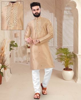 Men Very Light Brown Silk Kurta Mirror Work Original kurta