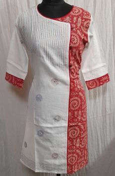 White Red Pure Handloom Kantha Stitch Kurti From Bengal