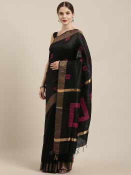 Black Dupion Raw Silk Saree