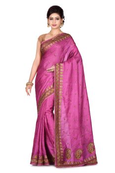 Magenta Leaf Pure Silk Saree From Banarasi