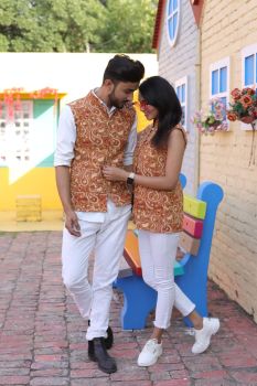 Light Brown Pure Hand Block Printed Cotton Jacket Couple Set