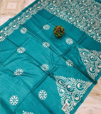 Dark Aquamarine Pure Handloom Silk Cotton Saree From Bengal