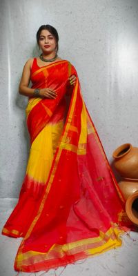 Red Yellow Pure Handloom Cotton Saree From Bengal