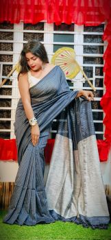 Black Grey Pure Handloom Cotton Saree From Bengal