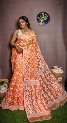 Orange Pure Handloom Dhakai Jamdani Saree From Bengal