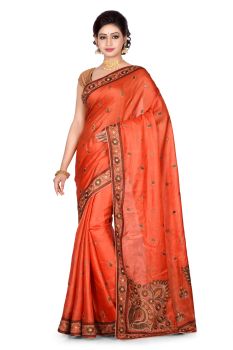 Orange Leaf Pure Silk Saree From Banarasi