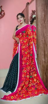 Blue and red Pure Handloom Flower Design Saree
