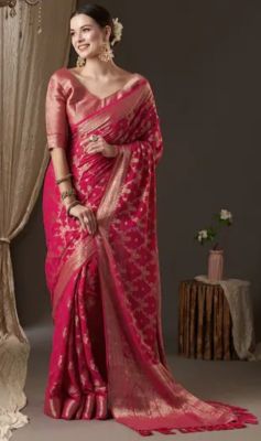 Dark Pink Pure Handloom Georgette Saree From Banaras