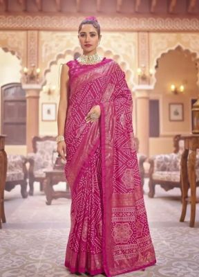 Rose Pink Pure Handloom Bandhani Silk Saree From Banaras