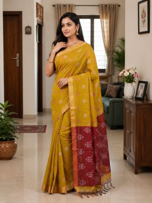 Mustard Yellow Pure Handloom Linen By Linen Saree From Bengal
