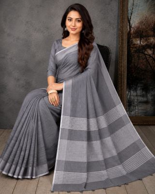Gray Pure Handloom Linen By Linen Saree From Bengal