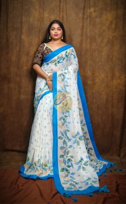 Off White Pure Handloom Cotton Saree From Bengal