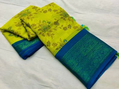 Mustard Green Linen Saree Digital Prints From Bhagalpur