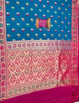 Teal Blue Butta Design Silk Ikat Patola Saree